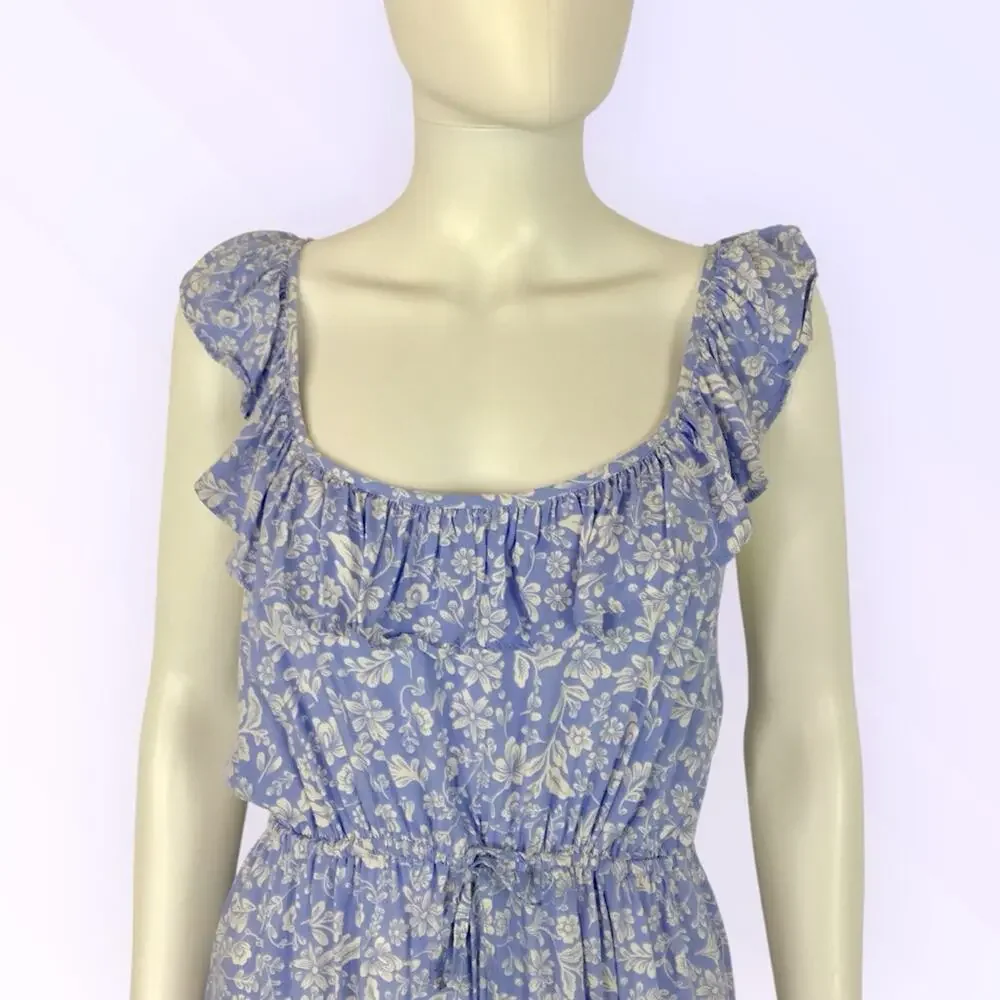 J Crew Blue & White Floral Midi Dress Ruffle Cottagecore Summer Dress